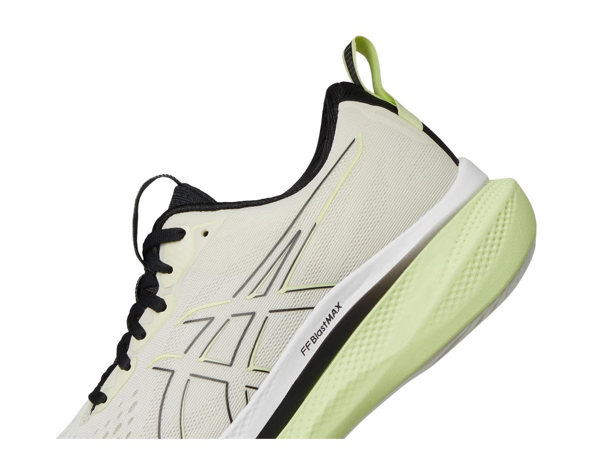 Men's ASICS Glideride Max shoe upper detail, birch fabric with black lace and stripe