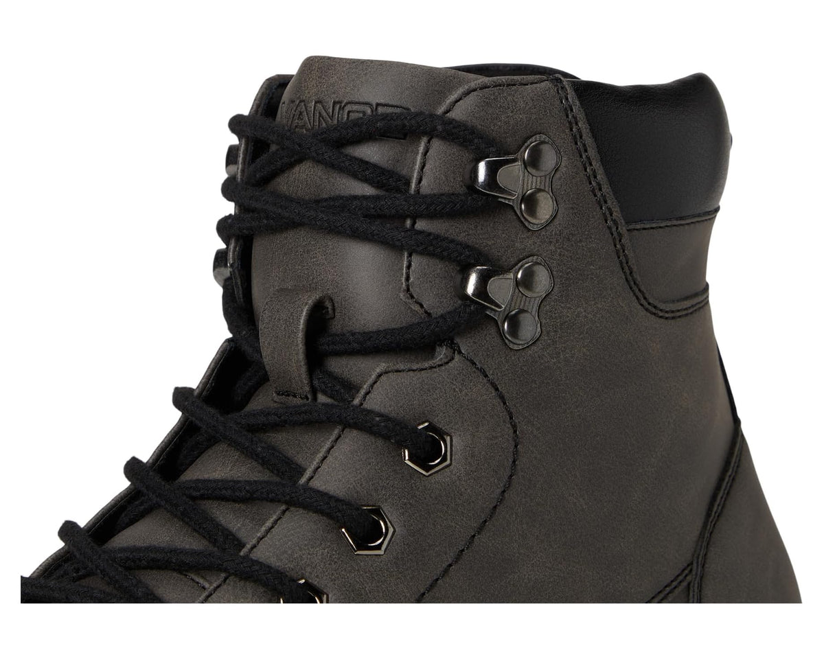 Men's charcoal lace-up ankle boot upper with metal eyelets and black laces.
