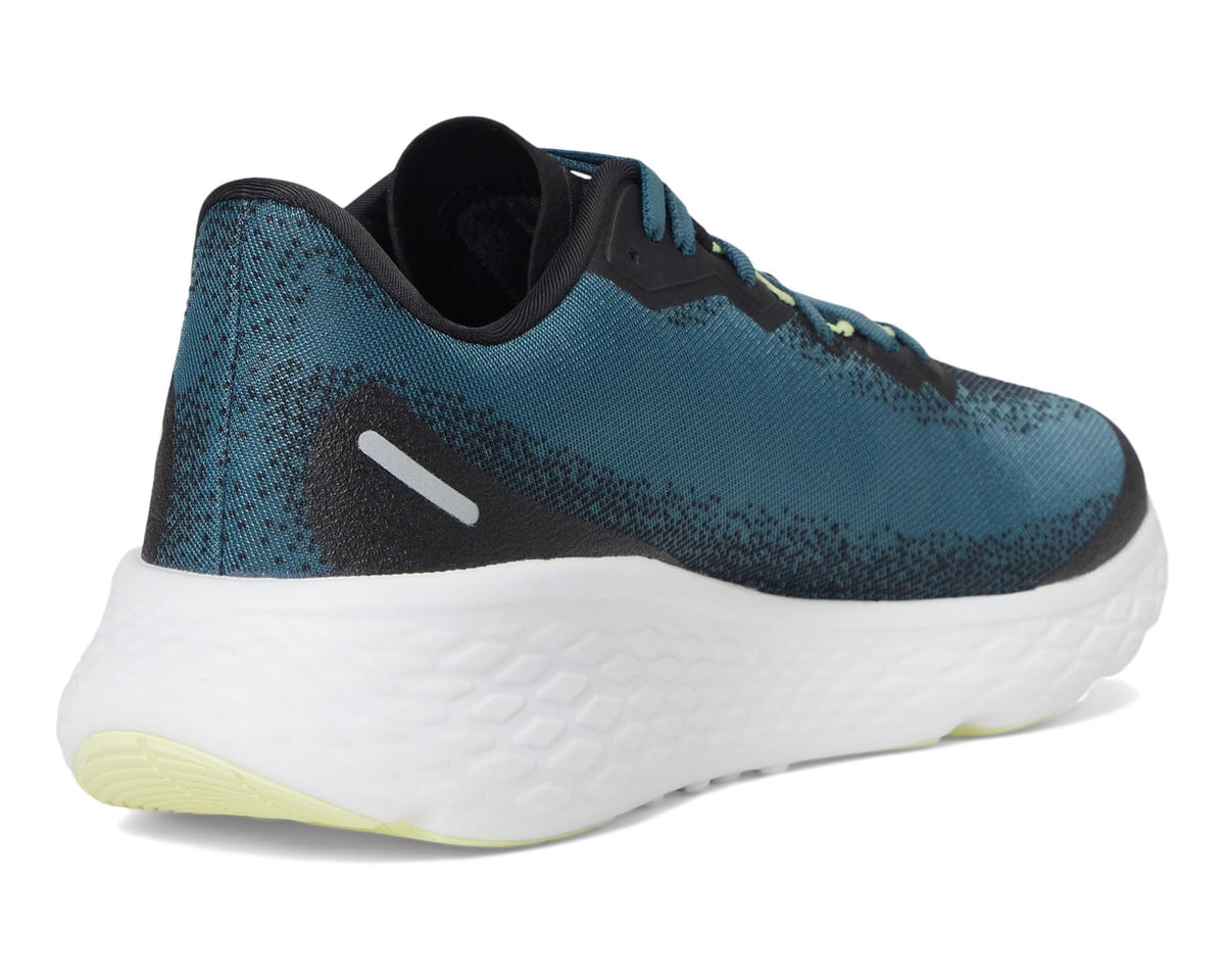 Men's lightweight running shoes heel view, teal blue upper with black overlay, white sole