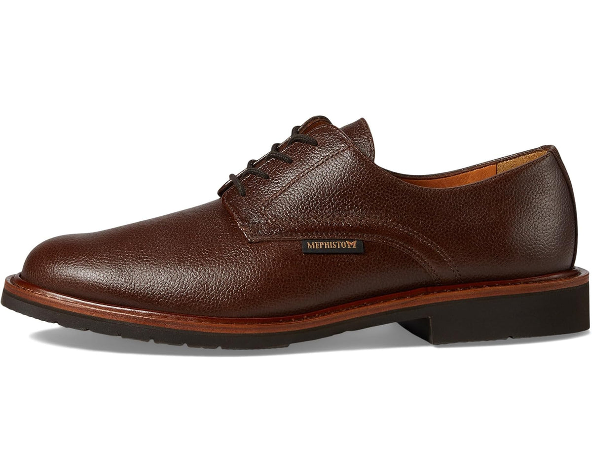 Men's Mephisto chestnut lace-up leather oxford, side view with welt stitching