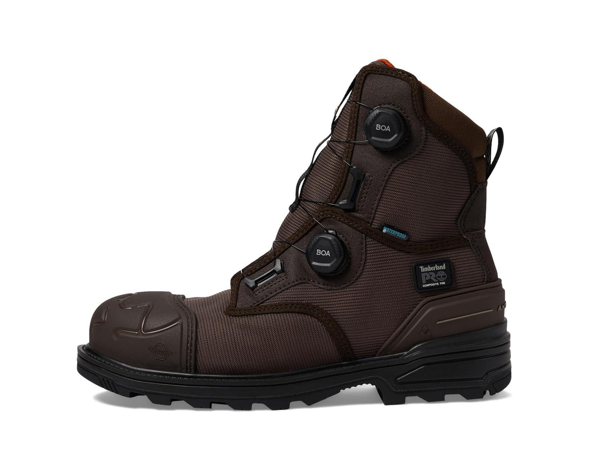 Brown 8-inch safety boot with side BOA dial, lace straps, and thick rubber sole