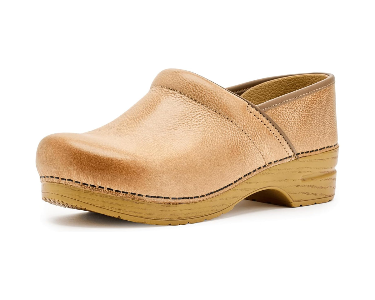 Honey distressed leather slip-on clog, rounded toe, cushioned wood-tone sole