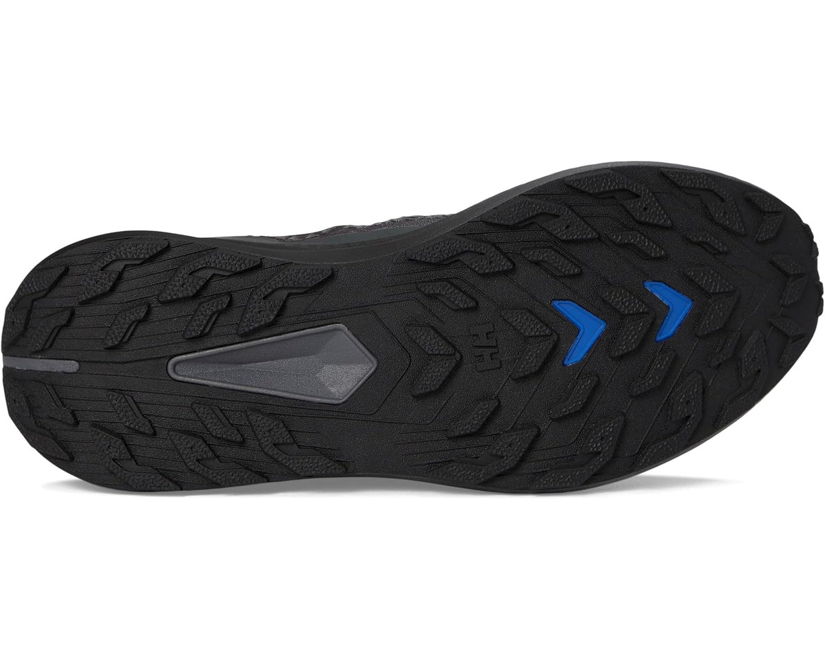 Black trail running shoe outsole with rugged tread and blue heel arrow