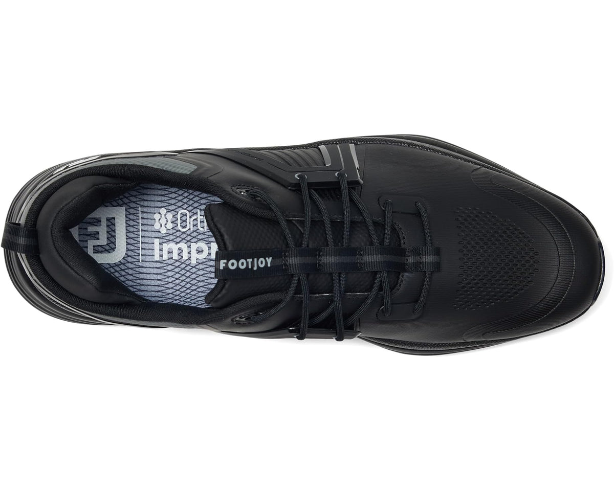 FootJoy men's black golf shoes, top view with lace-up closure and cushioned collar
