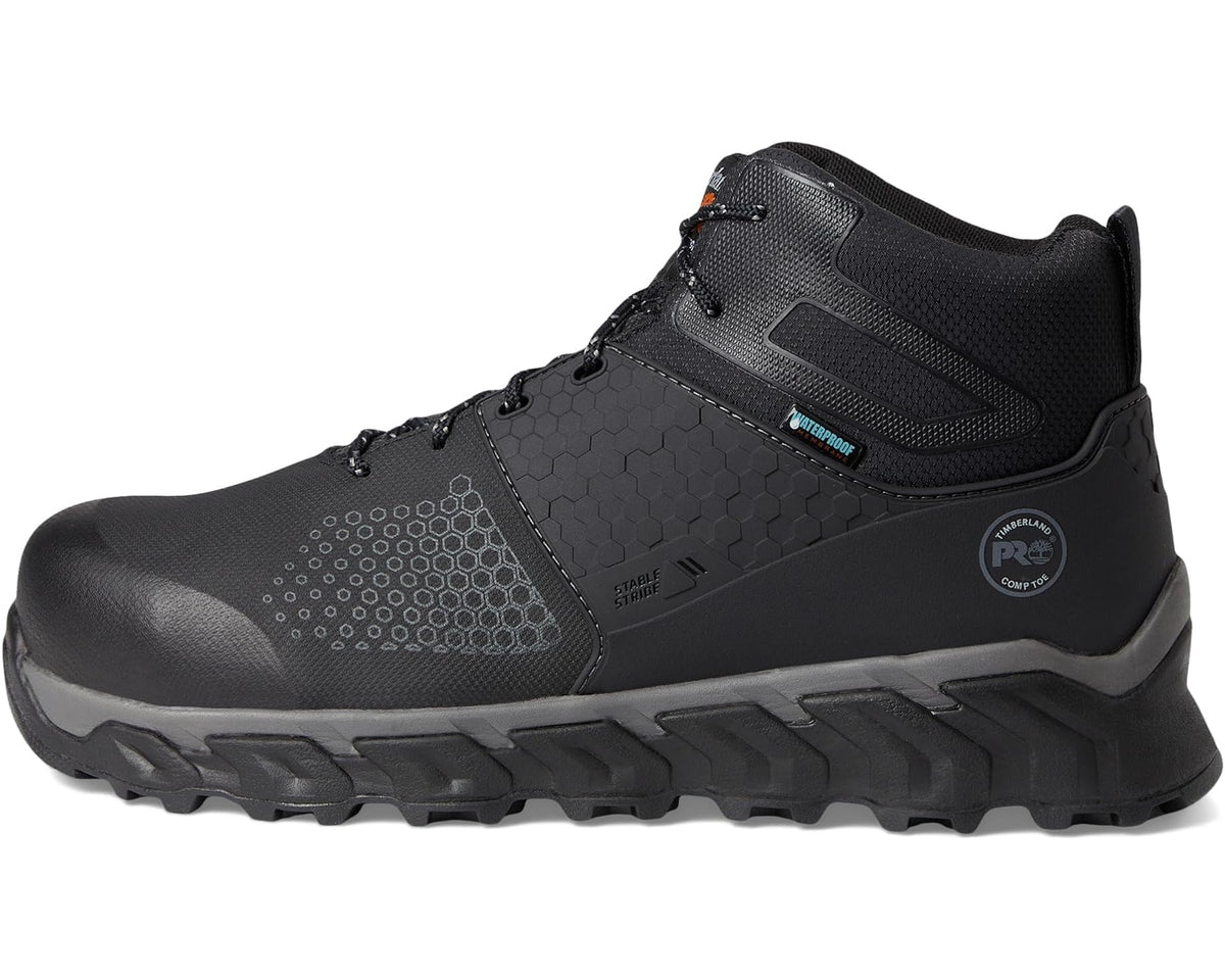 Black waterproof work boot with hook-and-loop ankle strap and lace-up