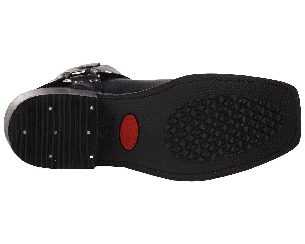 Black boot outsole with tread pattern and red logo oval on the heel.