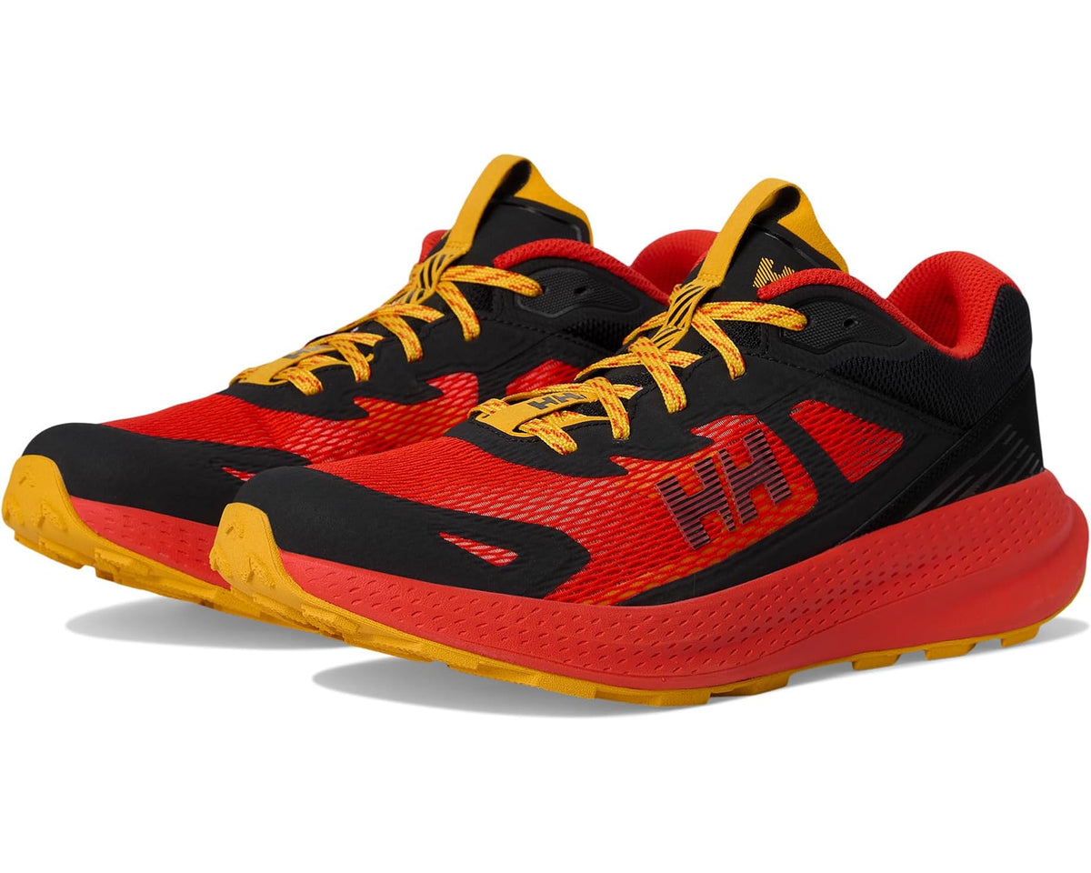 Men's trail running shoes in red, black, and yellow with lace-up design.