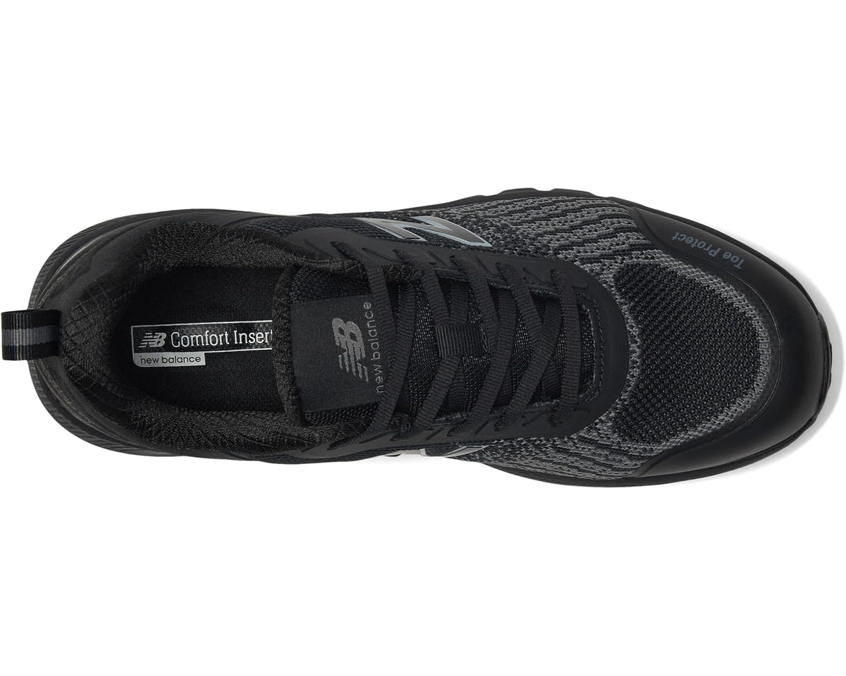 Black safety-toe lace-up work shoe, side view with cushioned collar and New Balance logo