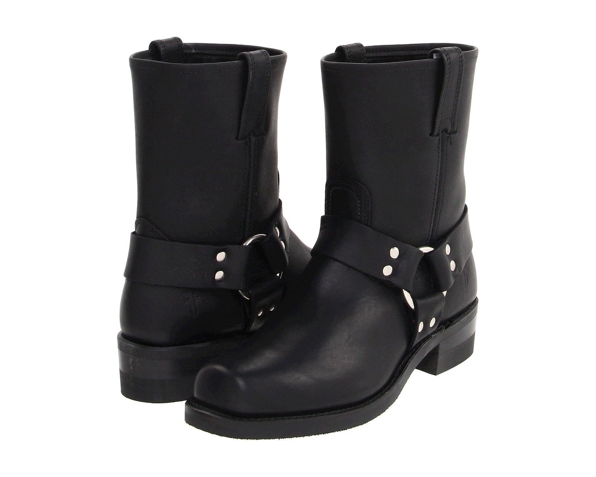 Men's black leather harness boots with buckle strap and stacked heel