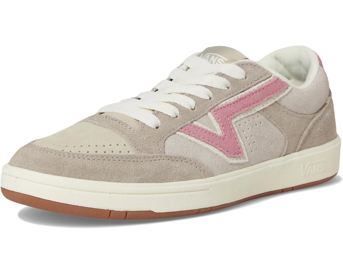 Vans low-top sneakers in light gray suede with pink V stripe and gum-brown sole
