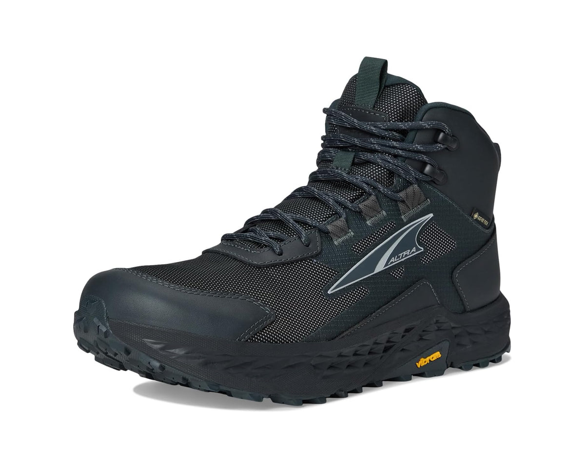 Black high-top lace-up hiker boots with trail tread and logo detailing