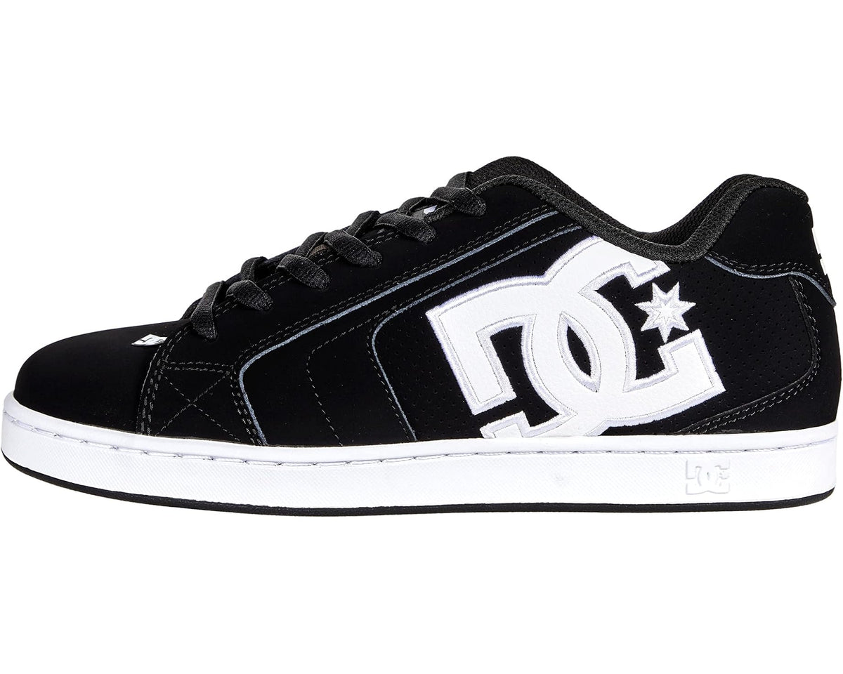 Men's DC low-top skate shoe, black upper with large white DC logo and star graphic.