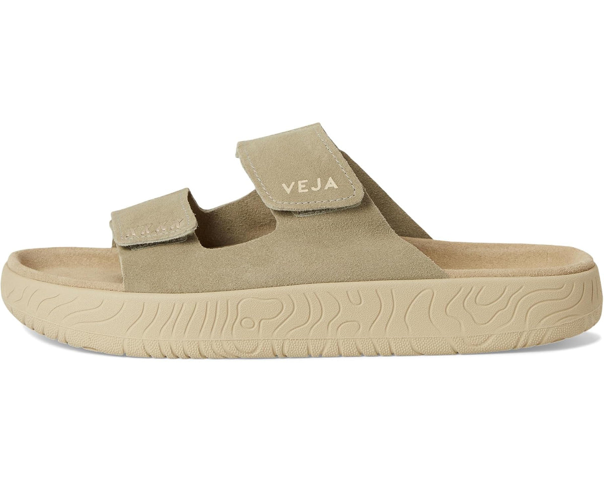 Men's VEJA Etna taupe suede slide sandal, side profile with branded strap