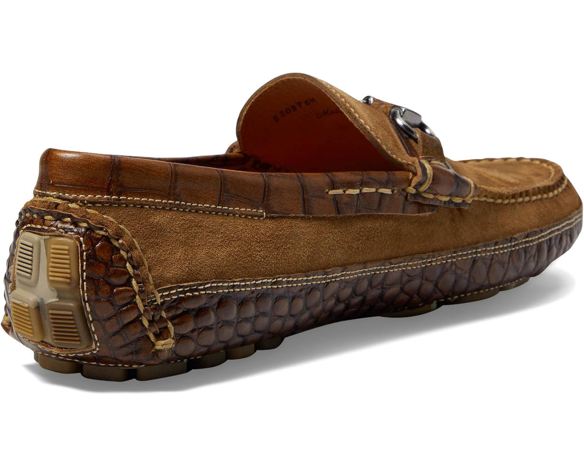Men's Martin Dingman horse bit driving loafer with tan suede and embossed leather heel