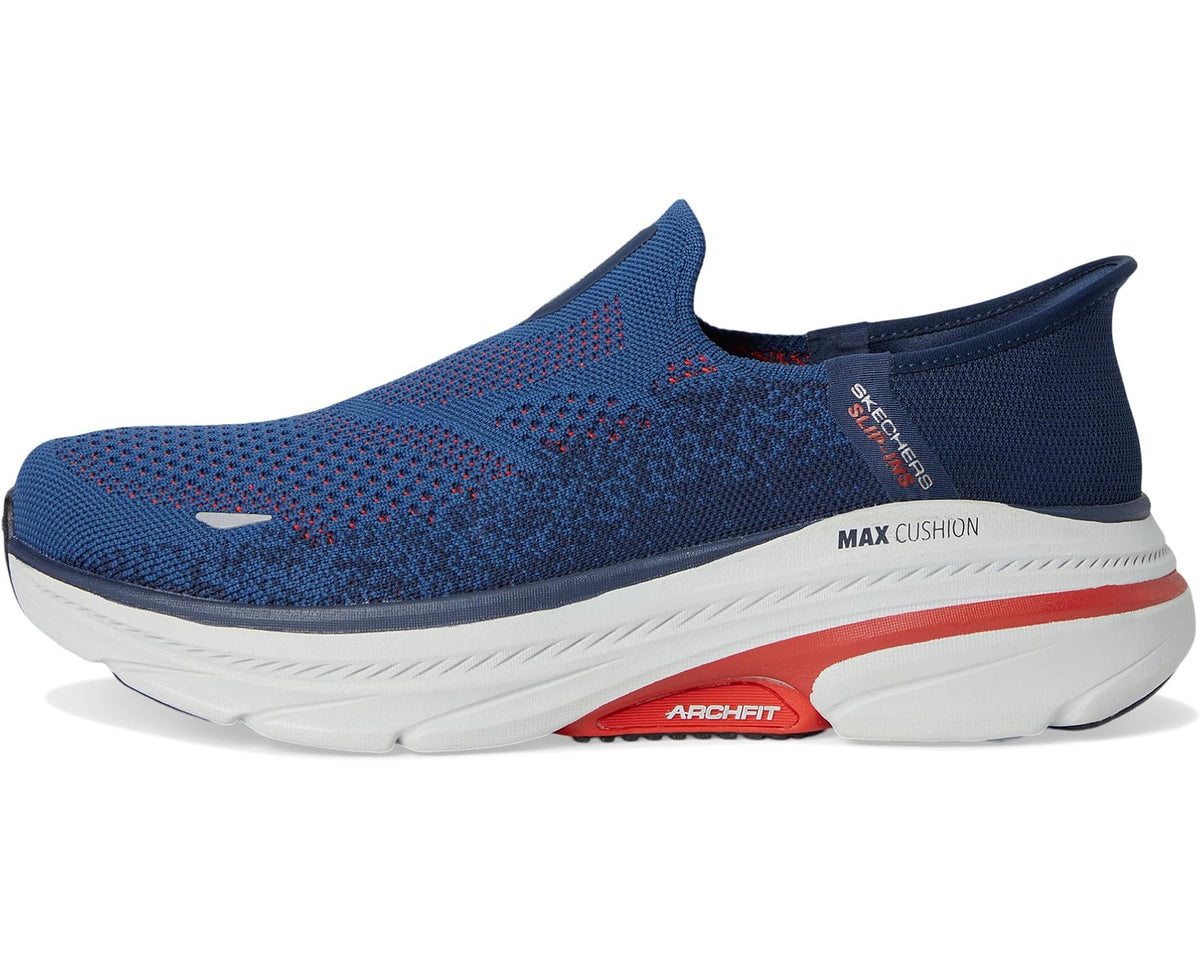 Men's SKECHERS slip-on sneakers, navy knit with red stripe trim and ArchFit logo