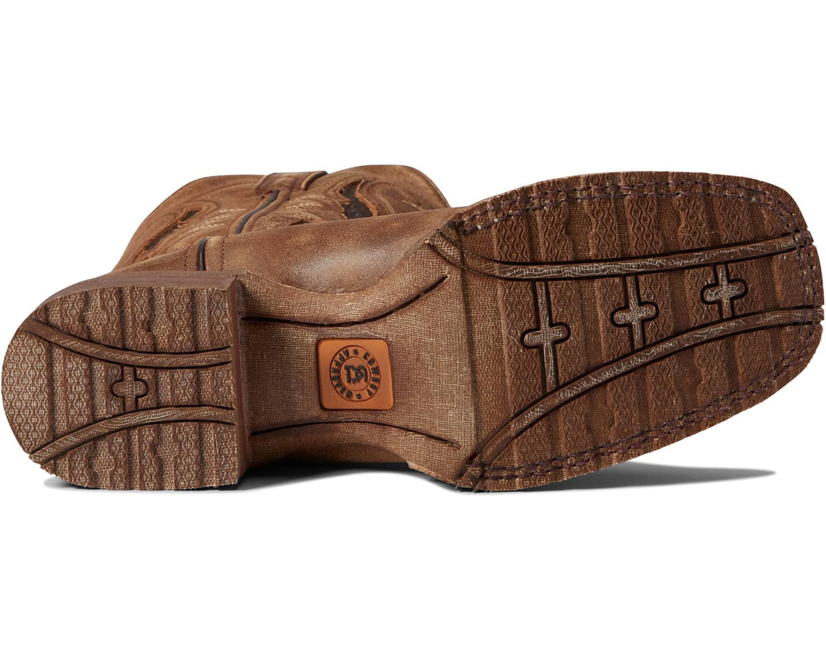 Tan cowboy boot outsole with cross-stitch tread and logo patch