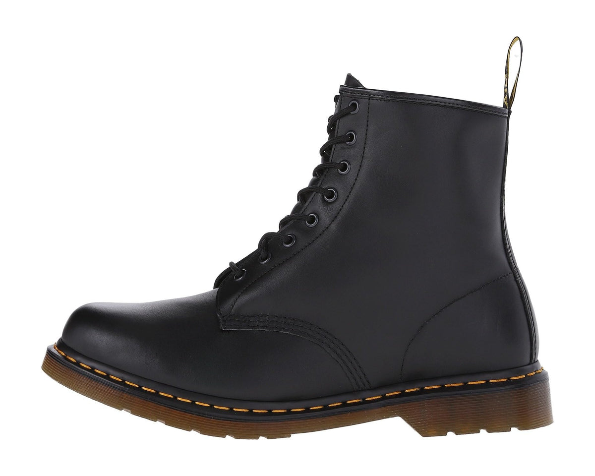 Black leather lace-up ankle boots with side seam and yellow welt stitching
