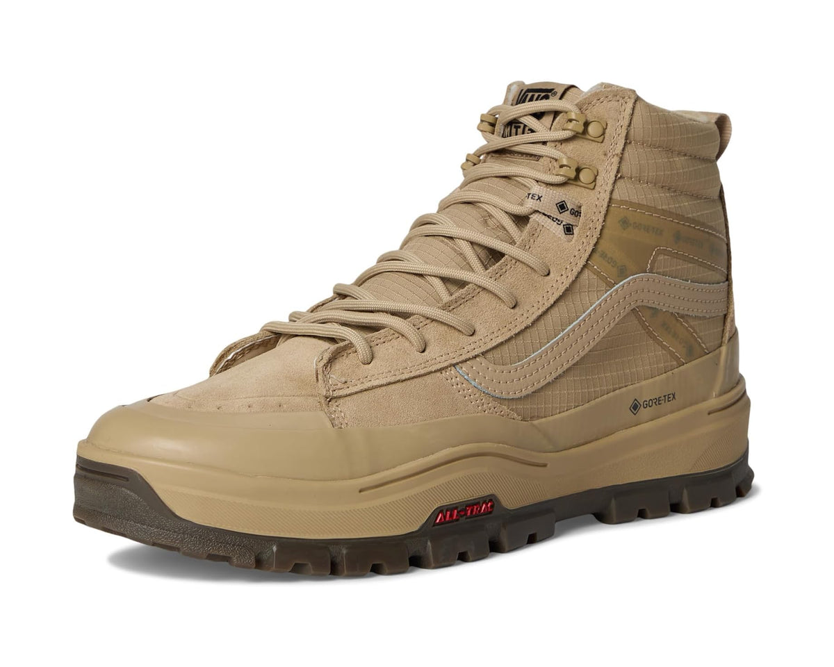 Beige unisex high-top lace-up boot with Gore-Tex logo and grippy rubber tread sole.