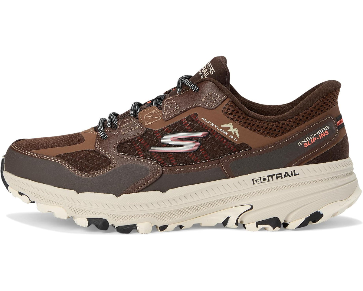 Brown and orange men's trail slip-in sneaker with GoTrail branding and S logo side