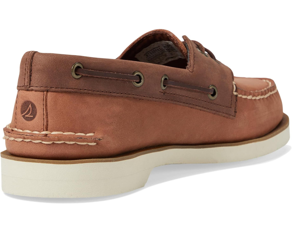 Brown boat shoe heel and side view with lace-up eyelets and stitched seams