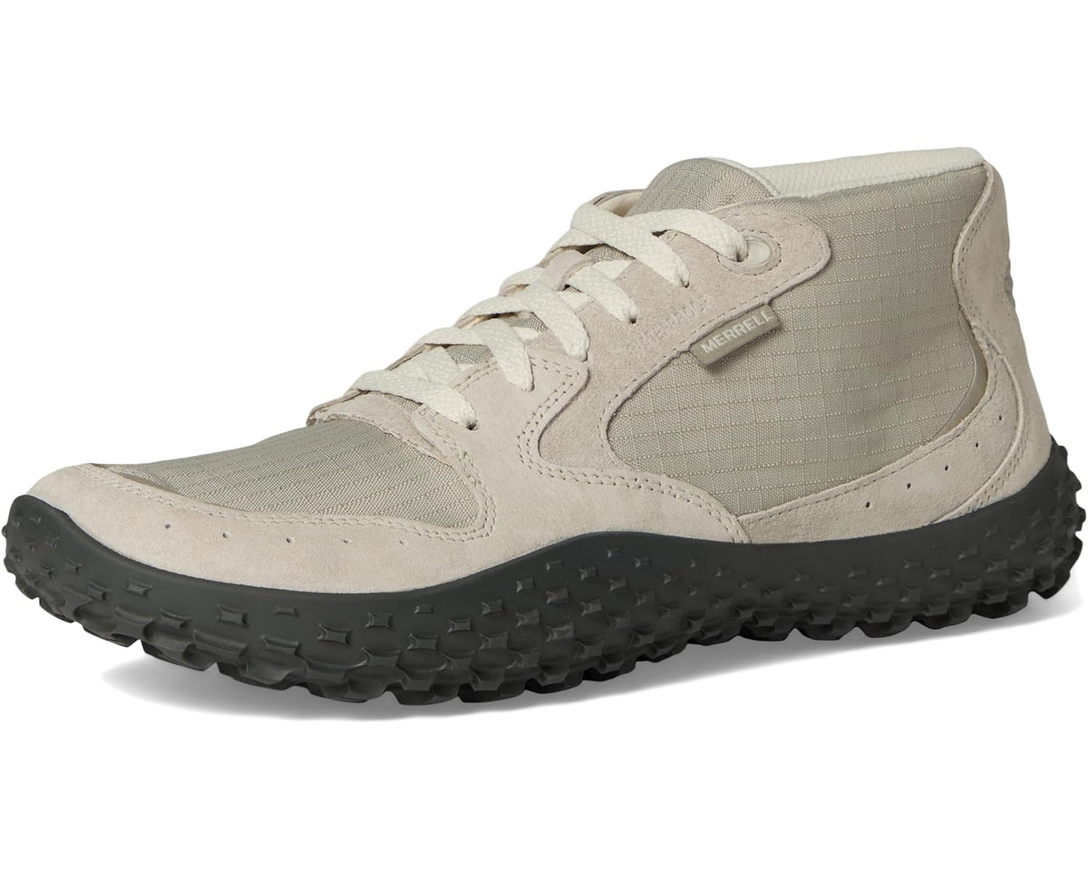 Men's light beige mid-top lace-up sneaker with side strap and black rubber sole.