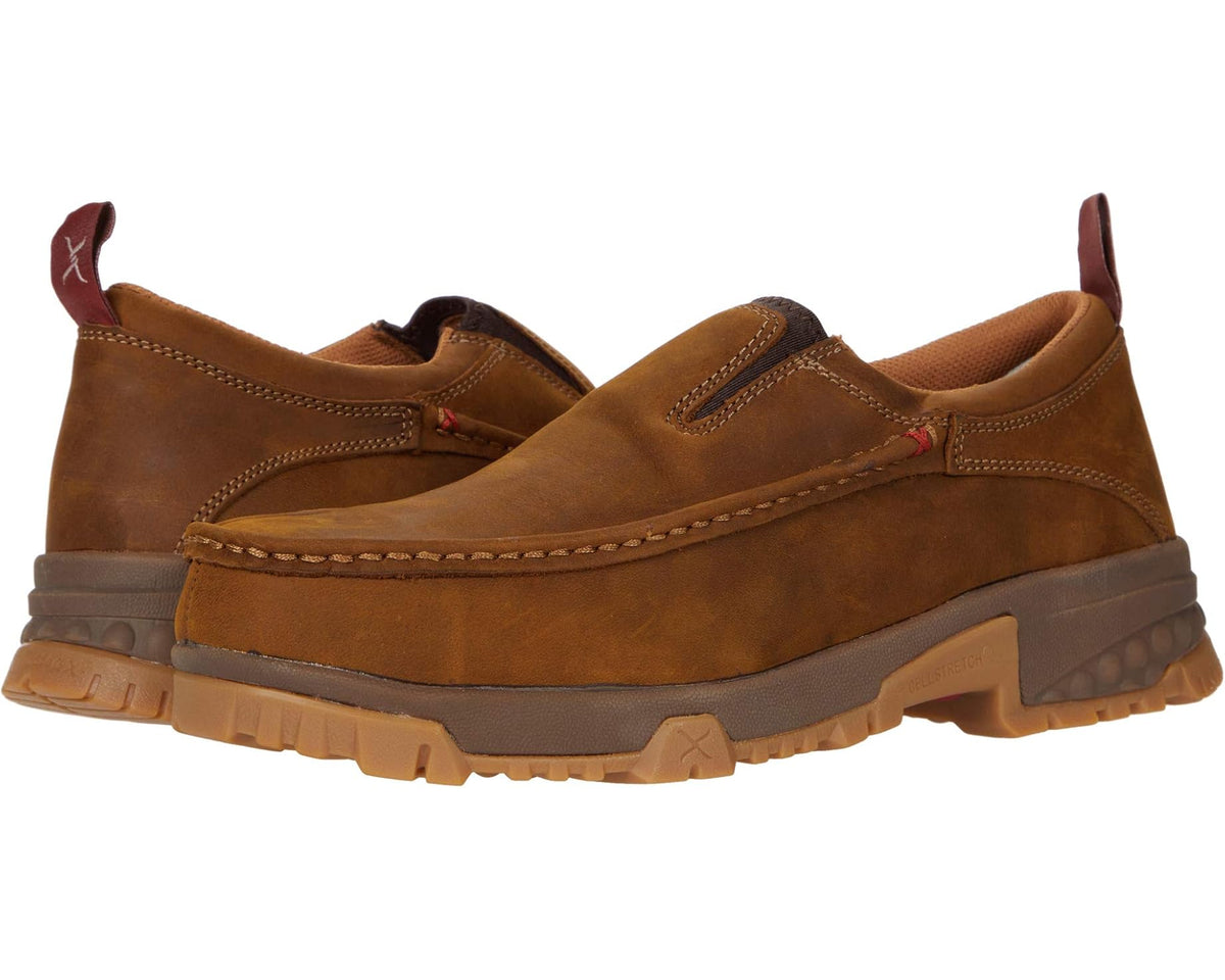Men's brown suede work slip-on shoe with cushioned sole and stitched detailing