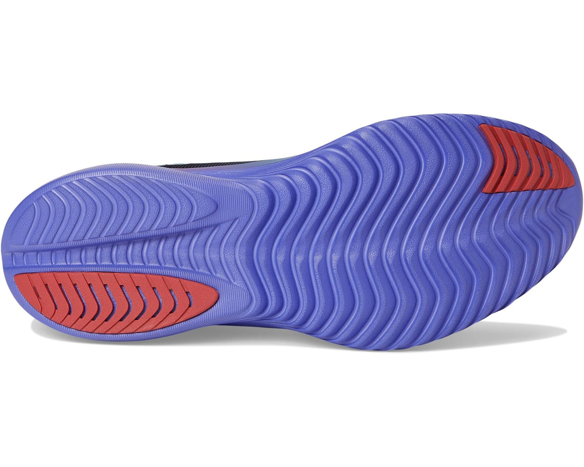 Men's sneaker outsole in purple with blue tread lines and red rubber forefoot