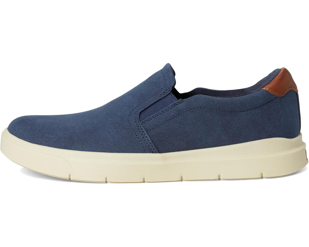 Navy slip-on sneaker with brown heel trim and cream midsole