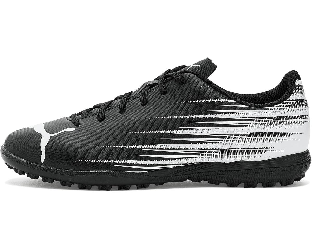 Black and white lace-up turf cleat with white stripe pattern and PUMA cat emblem