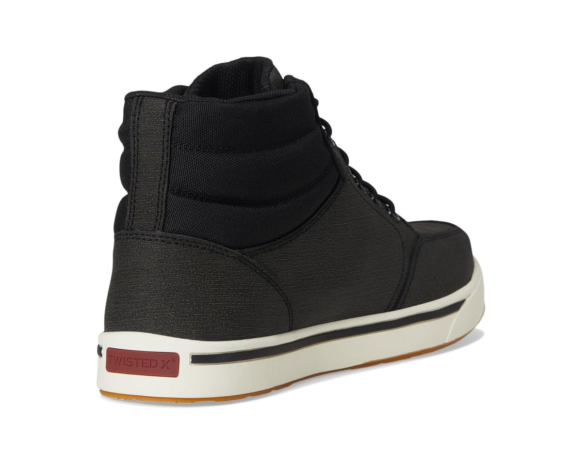 Heel and side view of black work boot with rubber sole and white edge
