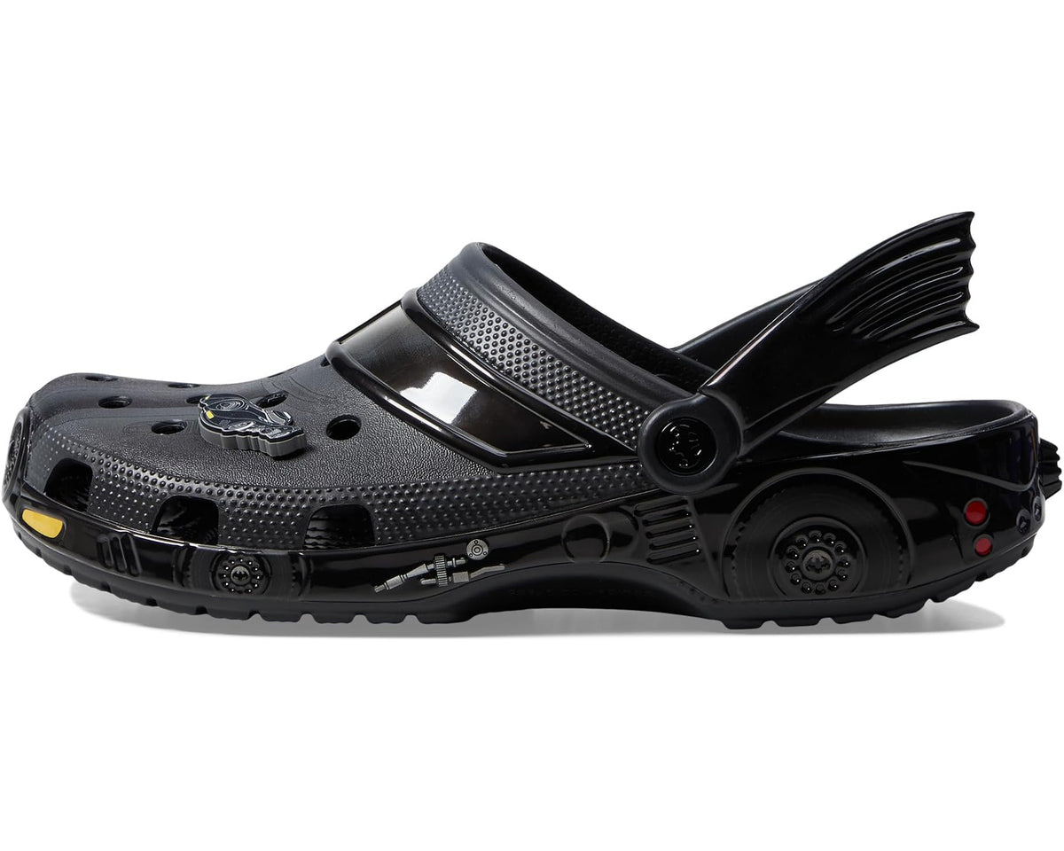 Unisex black side-view clogs with bat wing detail and adjustable buckle strap