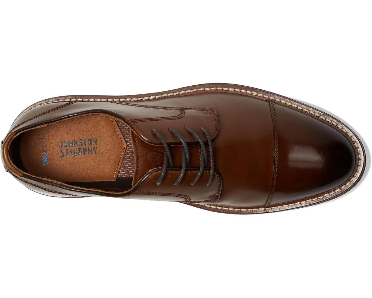 Johnston & Murphy cap-toe oxford shoe, tan leather upper, lace-up, side view