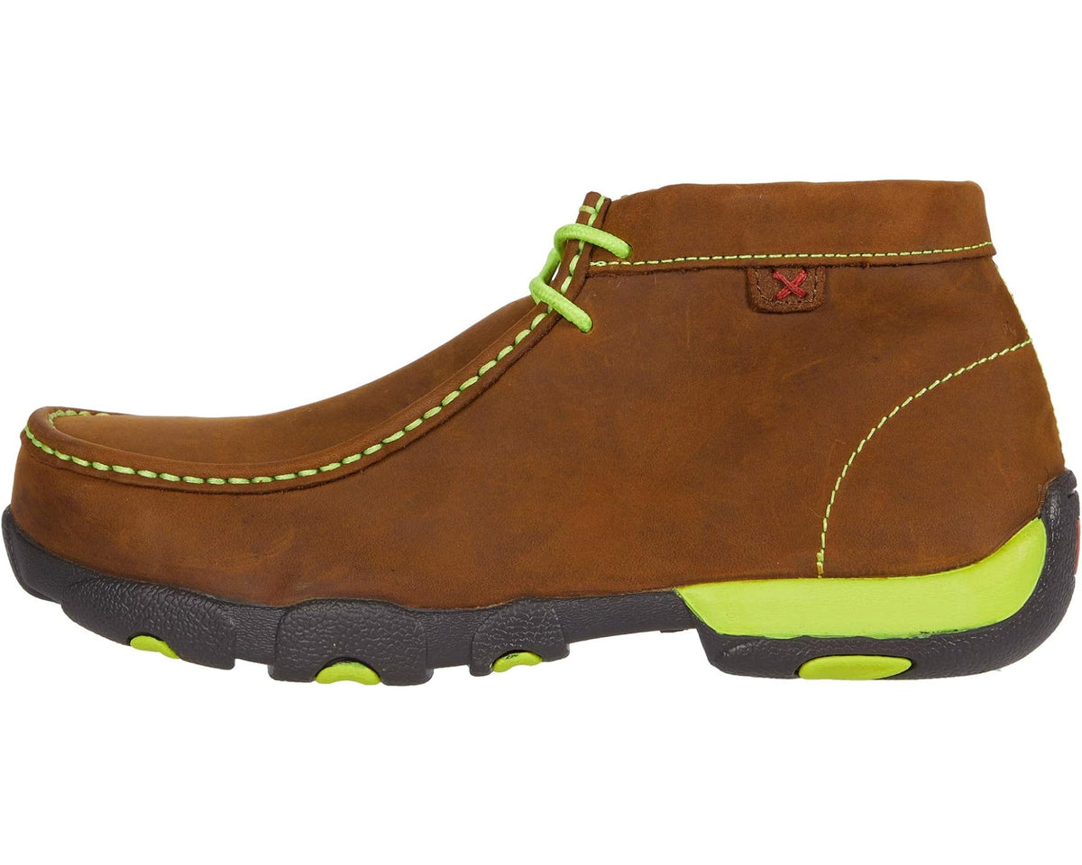 Men's work boots brown suede upper with neon green laces and black sole