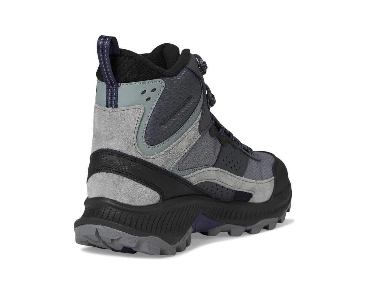 Men's mid waterproof hiking boot heel view, gray panels, black collar, treaded sole.