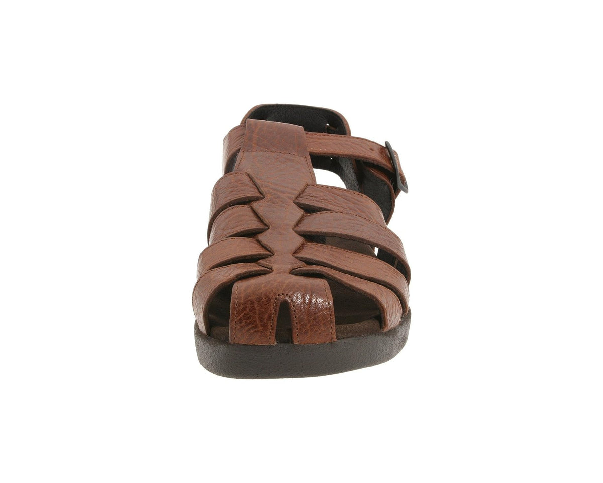 Tan leather sandal front view with open toe and crisscross strap design