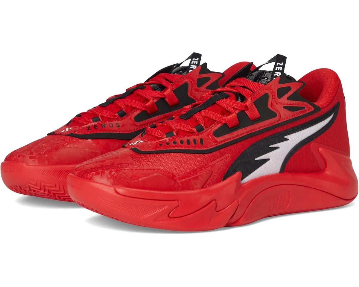 Men's PUMA basketball shoes in red with black accents, lace-up low top.