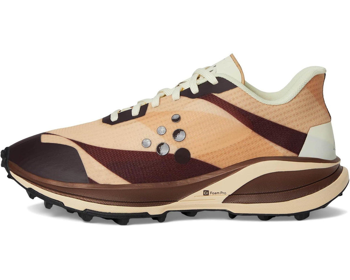 Men's trail running shoes, tan and brown geometric upper with lace-up and foam midsole