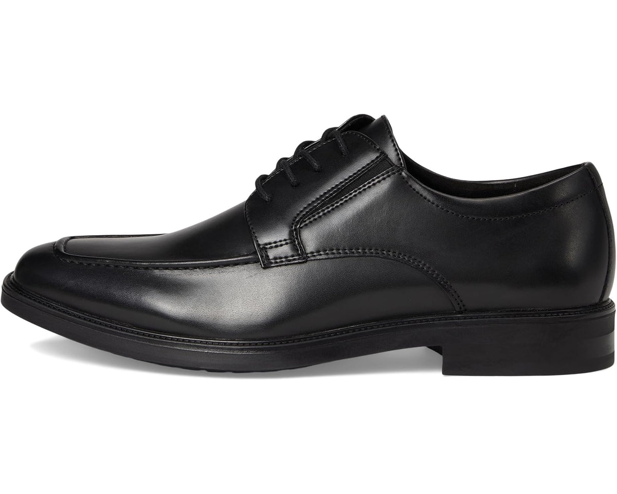 Black men's lace-up dress shoe with side stitching and low-profile sole