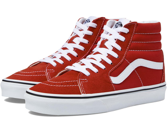 Red high-top sneakers with white laces, side stripe, and padded collar