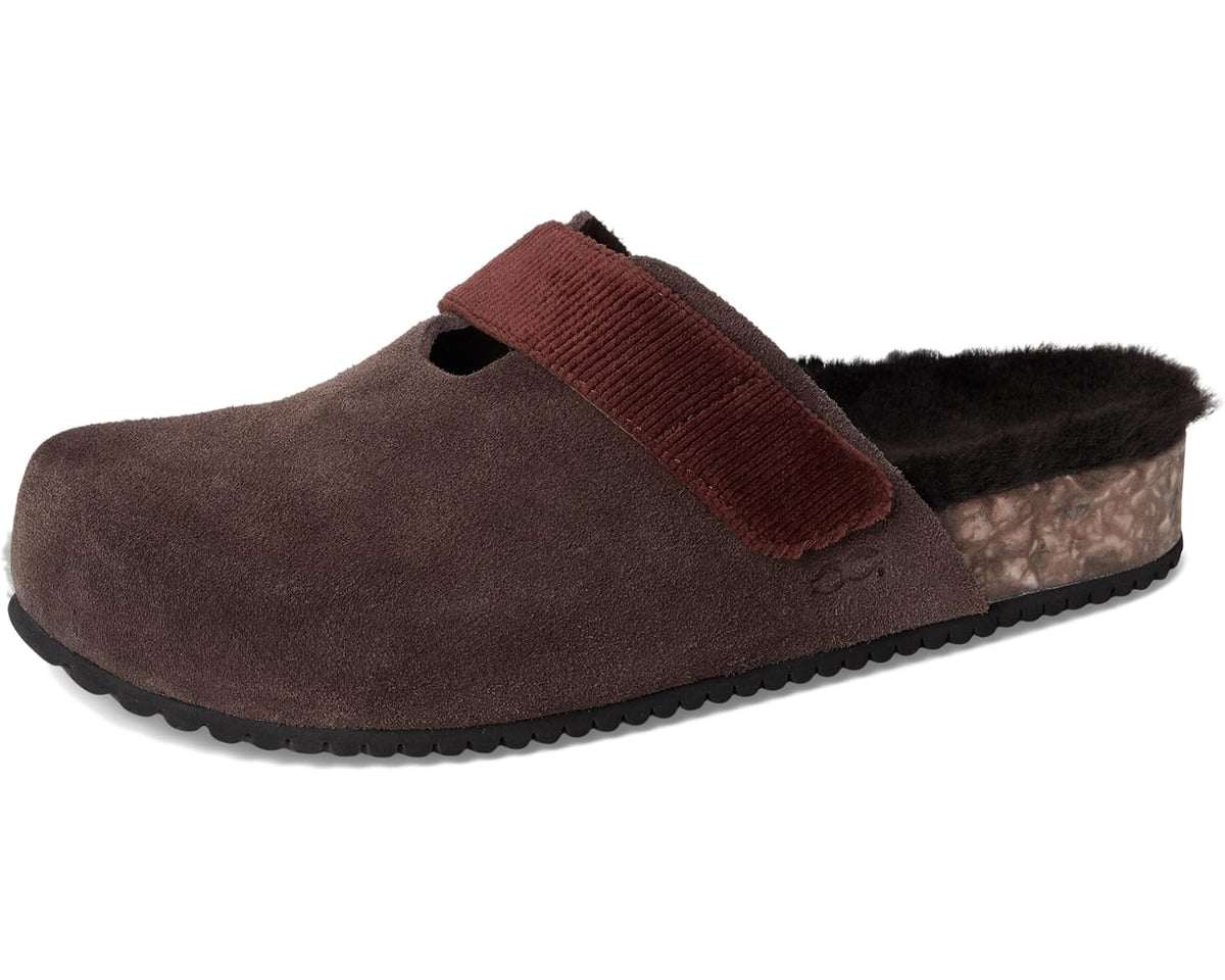 Front three-quarter view of dark espresso suede-look clogs with brown strap
