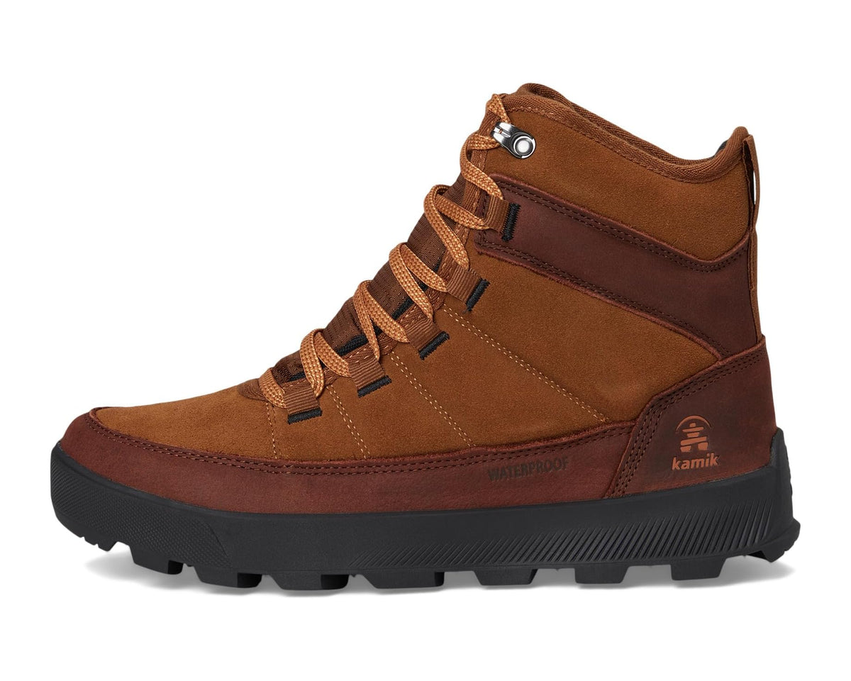 Brown lace-up ankle boot with metal D-ring, seam details, and side logo patch