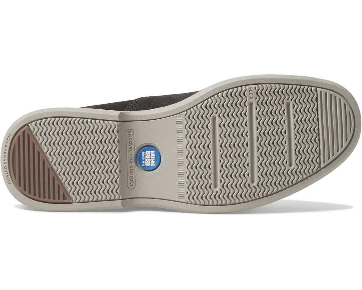 Grey moc-toe slip-on loafer outsole with textured rubber tread