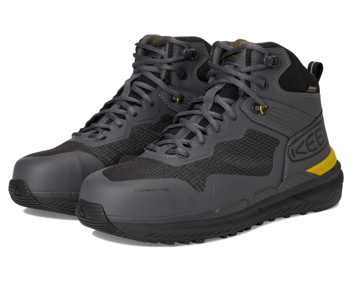 Waterproof work boot in dark gray with black panels and yellow accent strip.