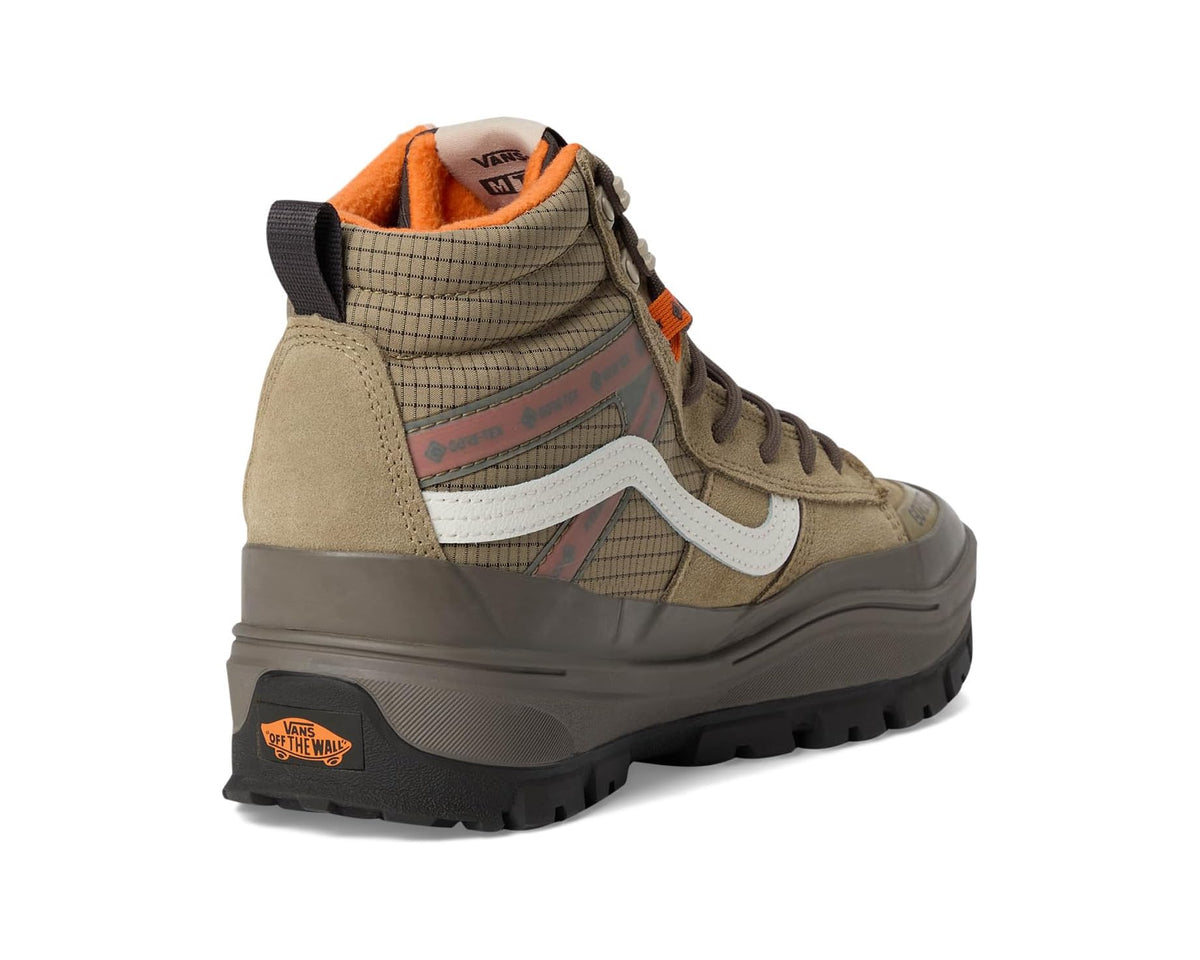 Brown and khaki high-top sneaker heel view with orange interior lining and black outsole