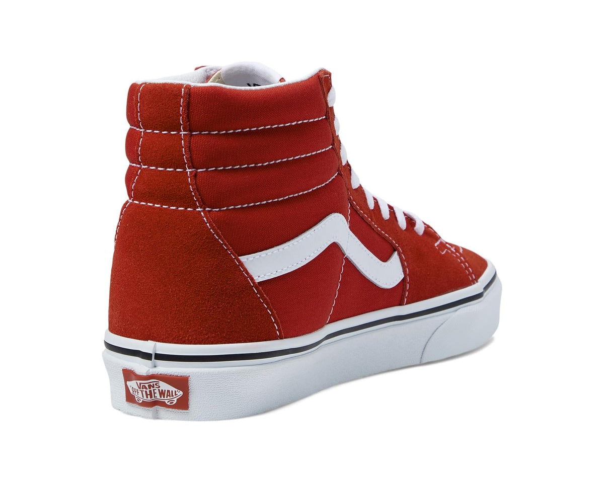Red high-top sneaker heel and rear view with white midsole and logo patch