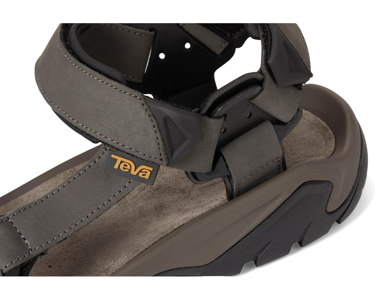 Teva men's dark gray sandal close-up of stitched leather-look straps