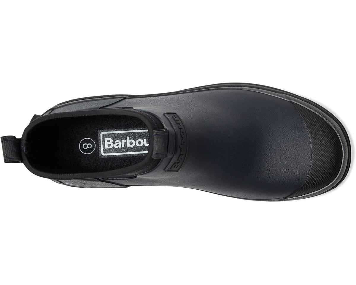 Navy chelsea rain boot with Barbour logo badge on side and textured outsole