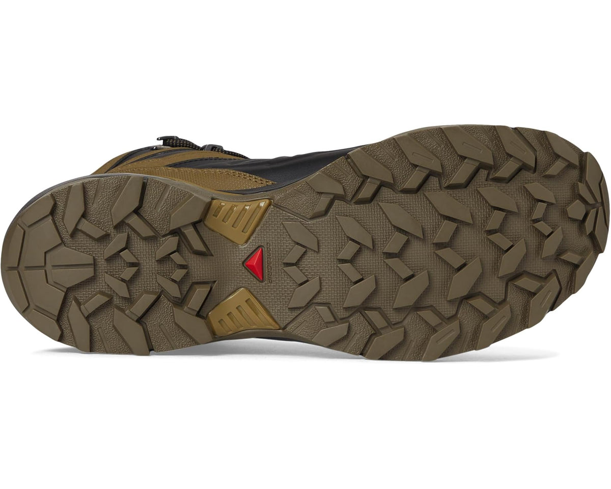 Salomon men\u2019s snow hiking boot outsole, deep lug tread with red logo accent