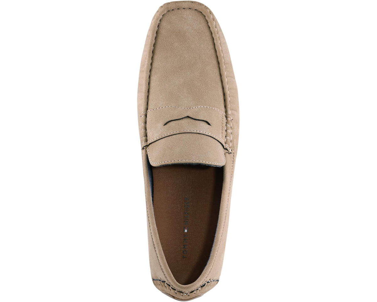 Taupe suede loafer with stitched vamp apron and cushioned collar