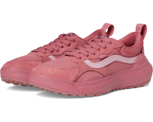 Mauve suede-and-mesh lace-up sneaker with white side stripe and chunky tread